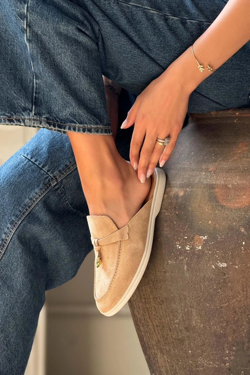 Most Nude Suede Genuine Leather Tassel Detail Flat Sole Women's Slippers