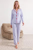 White & Blue Striped Heart Embroidered Piping Detail Viscose Woven Pajama Set