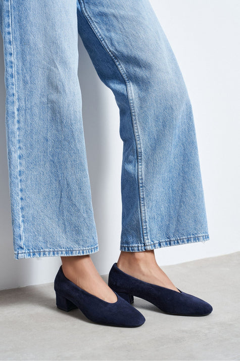 SAMIA Navy Blue Genuine Suede Leather Block Heel Flats – 4 cm