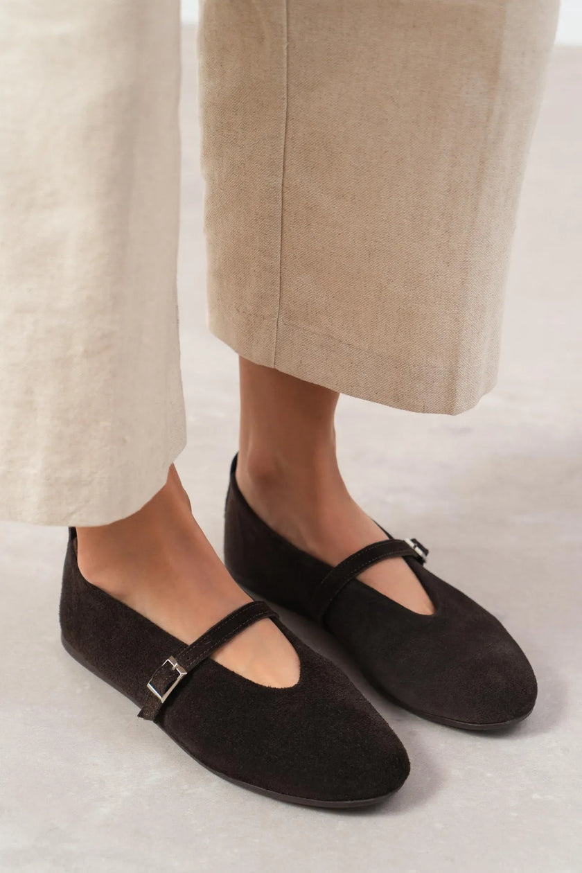 MERA Coffee Suede Buckle Detail Genuine Leather Flat Women’s Ballet Flats