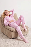 Pink Striped Collar & Ribbon Detail Viscose Woven Pajama Set