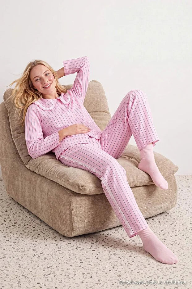 Pink Striped Collar & Ribbon Detail Viscose Woven Pajama Set