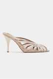 JUDITH Dark Beige Satin Open Toe Cage Detail Women’s Heeled