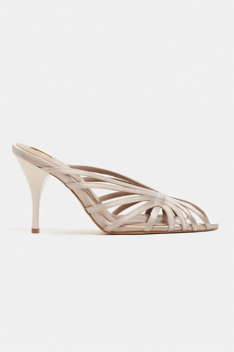 JUDITH Dark Beige Satin Open Toe Cage Detail Women’s Heeled