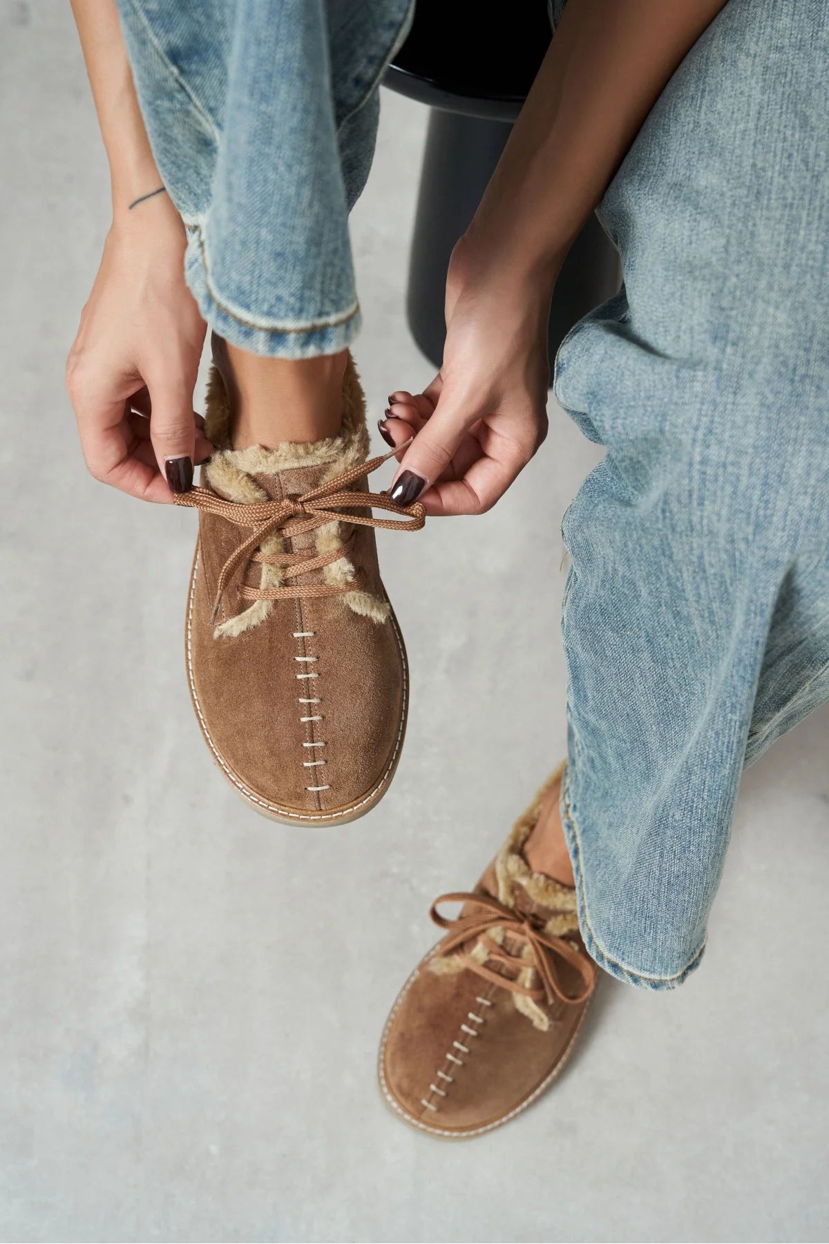 LUSHA Desert Dark Beige Genuine Suede Leather Fur-Lined Lace-Up Shoes – 2 cm