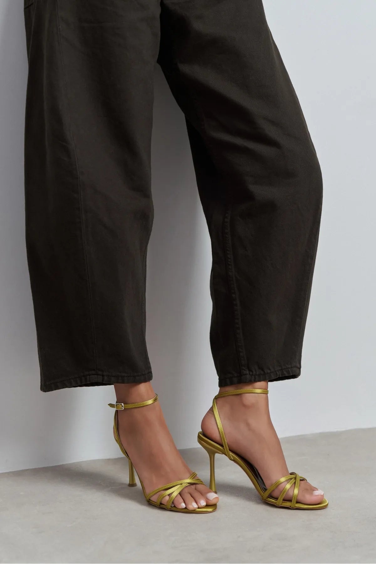 AVA GREEN SATIN CROSS-STRAP ANKLE TIE WOMEN’S HIGH HEELS