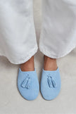 NELLA BABY BLUE GENUINE SUEDE LEATHER TASSEL DETAIL WOMEN’S FLAT SLIPPERS