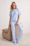 Blue 100% Cotton Cherry & Plaid Ruffle Knit Pajama Set