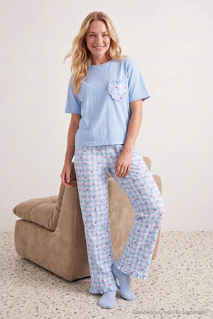Blue 100% Cotton Cherry & Plaid Ruffle Knit Pajama Set