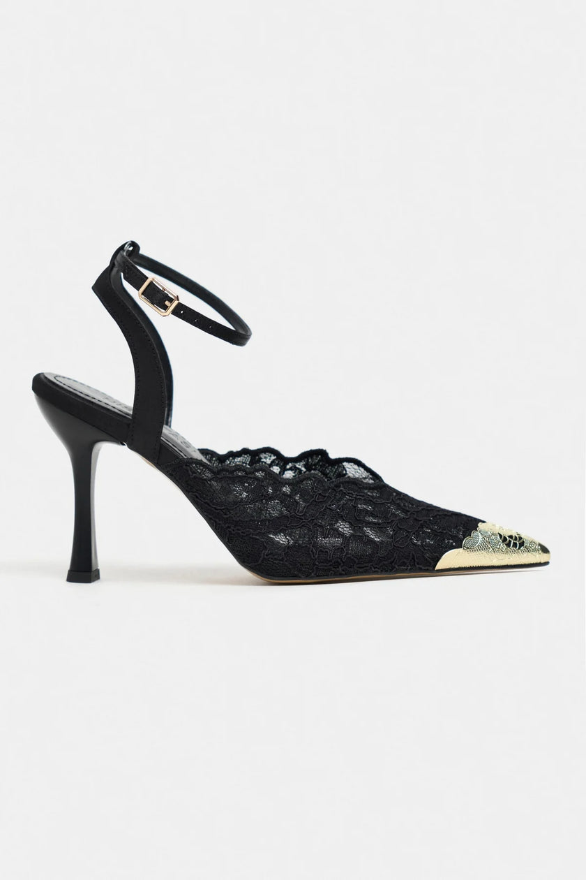 HANNAH Black Lace Embroidered Detail Back Strap Women’s Heels
