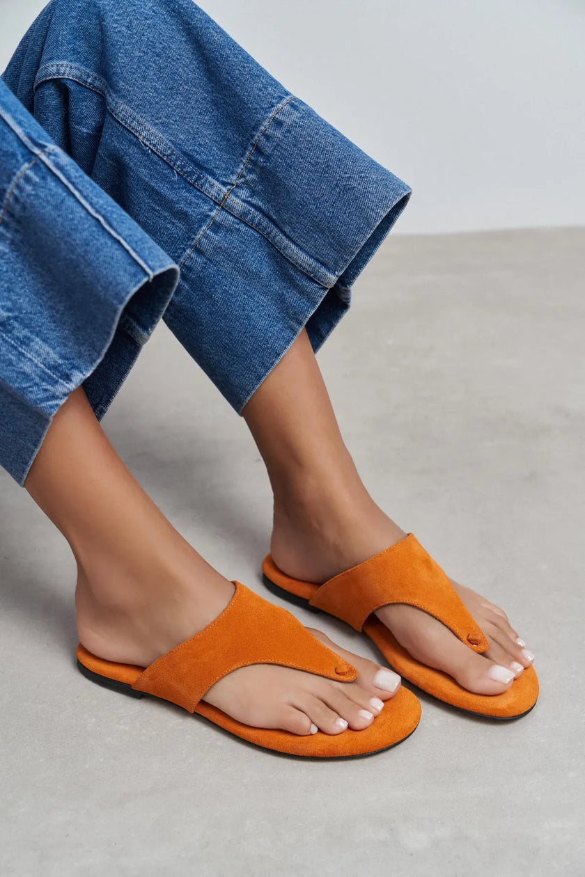 ALMIRA ORANGE SUEDE LEATHER WOMEN’S FLAT TOE-POST SLIPPERS
