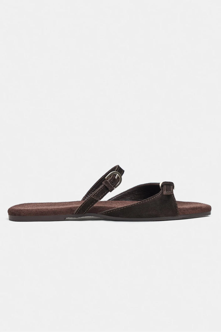 Calina Dark Brown Suede Double-Buckle Flat Women's Slippers