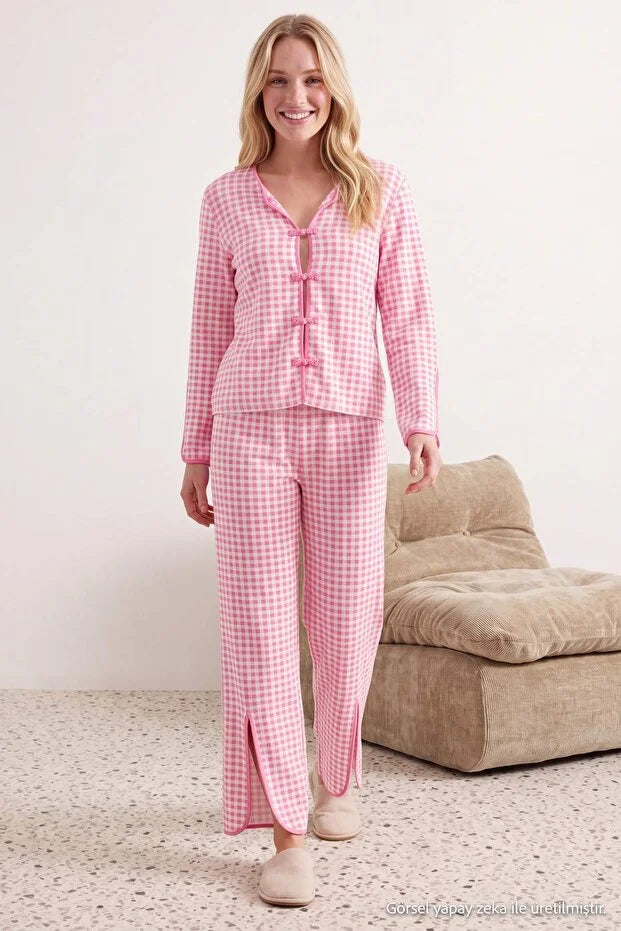 Pink Gingham Viscose Woven Pajama Set