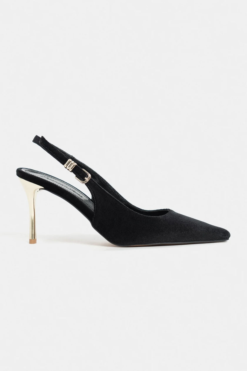 VIORA Black Velvet Buckle Detail Women’s Gold Heel Shoes