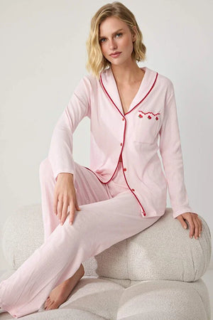 Pink 100% Cotton Piping Detail Cherry Embroidered Pointelle/Ribbed Knit Pajama Set