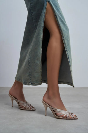JUDITH Dark Beige Satin Open Toe Cage Detail Women’s Heeled