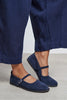 Jade Navy Blue Suede Genuine Leather Double-Buckle Flat Women's Ballet Flats