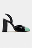 SOLEA BLACK PATENT & GREEN TOE DETAIL BLOCK HEEL WOMEN’S SHOES