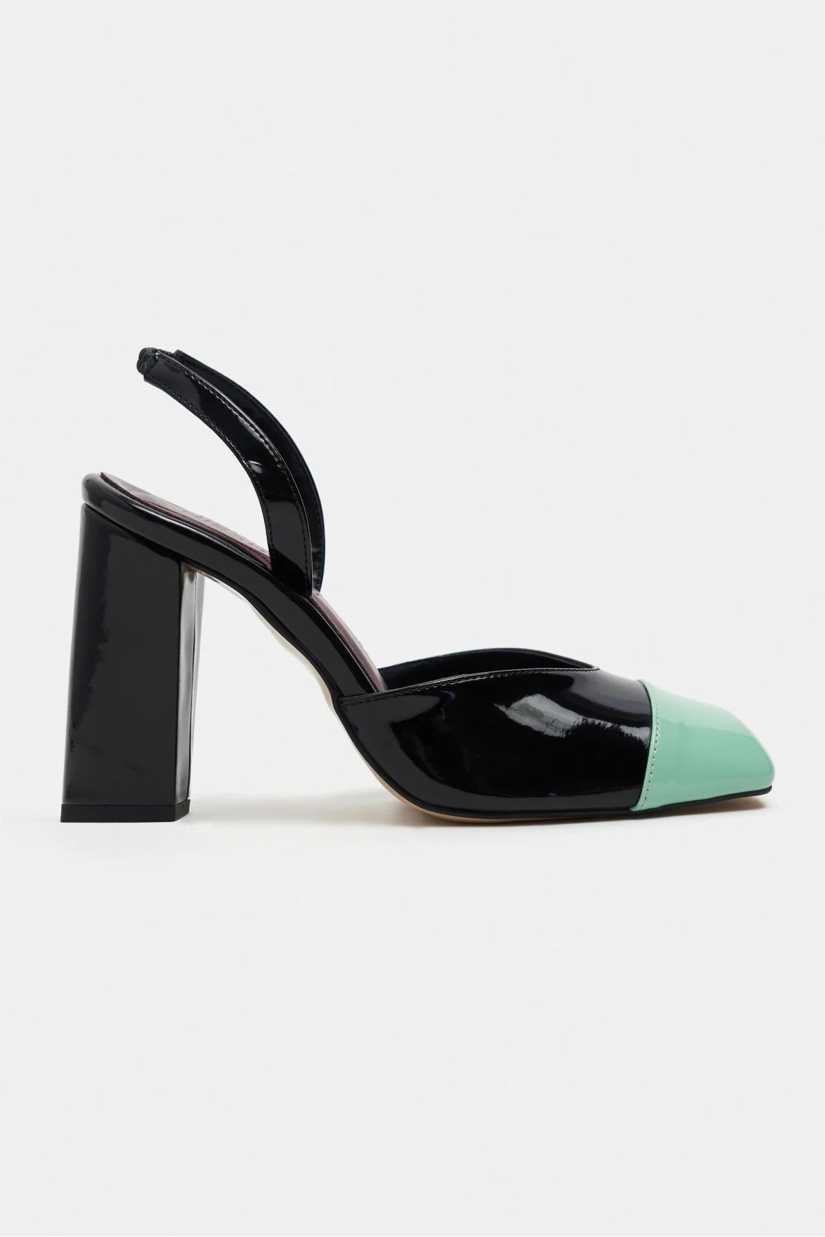SOLEA BLACK PATENT & GREEN TOE DETAIL BLOCK HEEL WOMEN’S SHOES