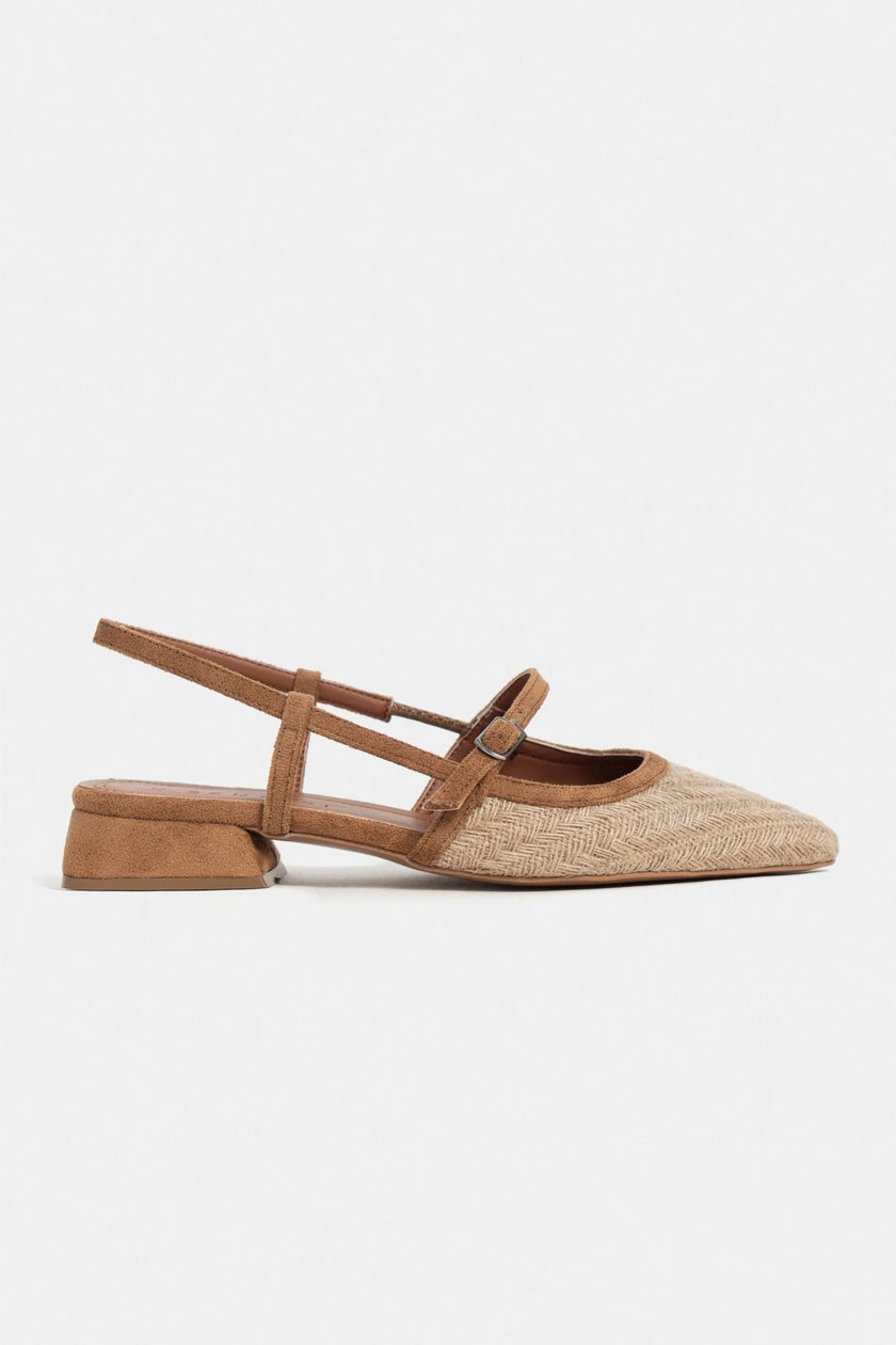 X-HARMONY Tan Straw Pointed Toe Buckle Detail Women’s Low Heel Ballet Shoes