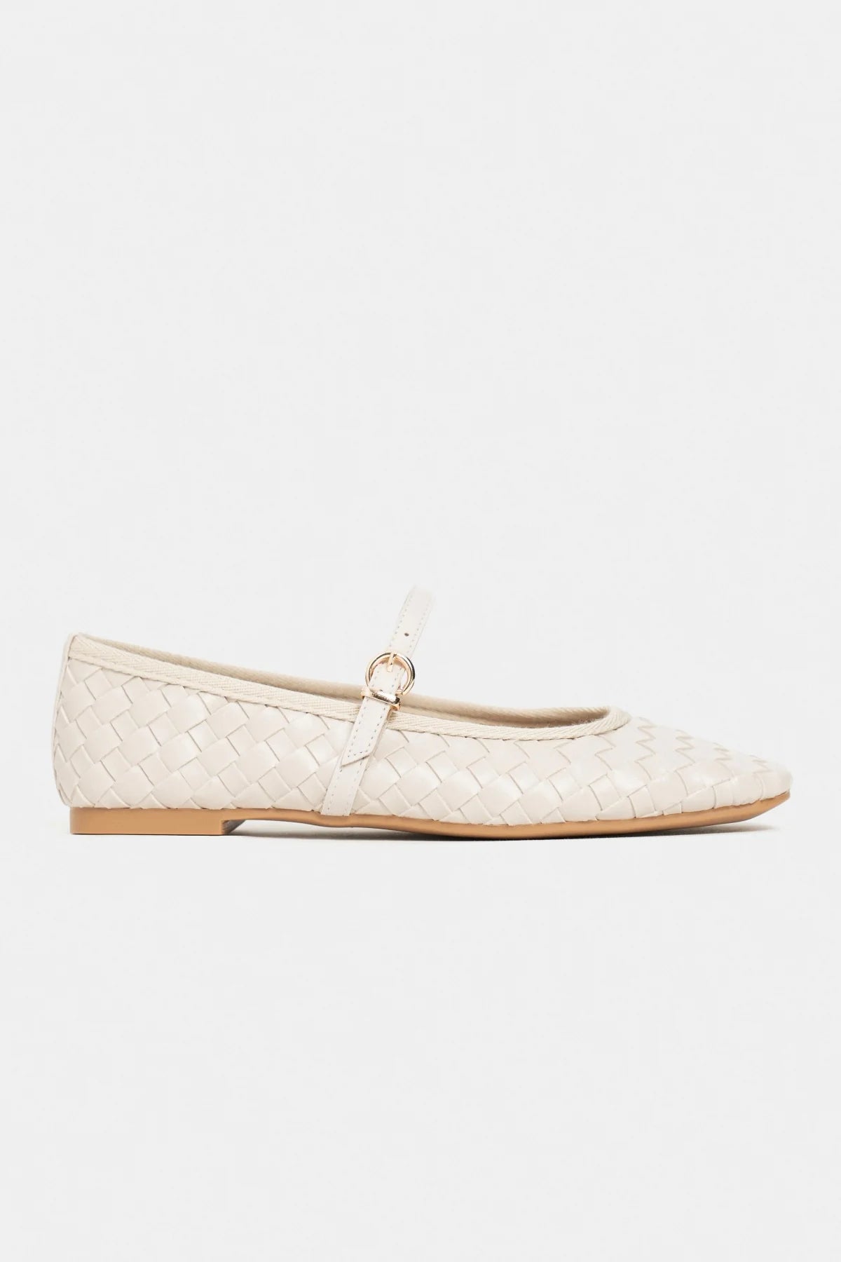 JEREMI Beige Matte Pattern Buckle Detail Women’s Ballet Flats