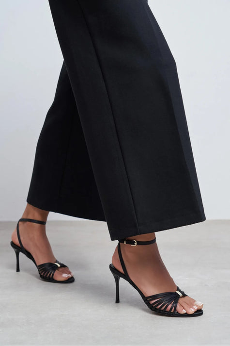 ZARIA BLACK SATIN CAGED OPEN-TOE WOMEN’S HIGH HEEL SANDALS