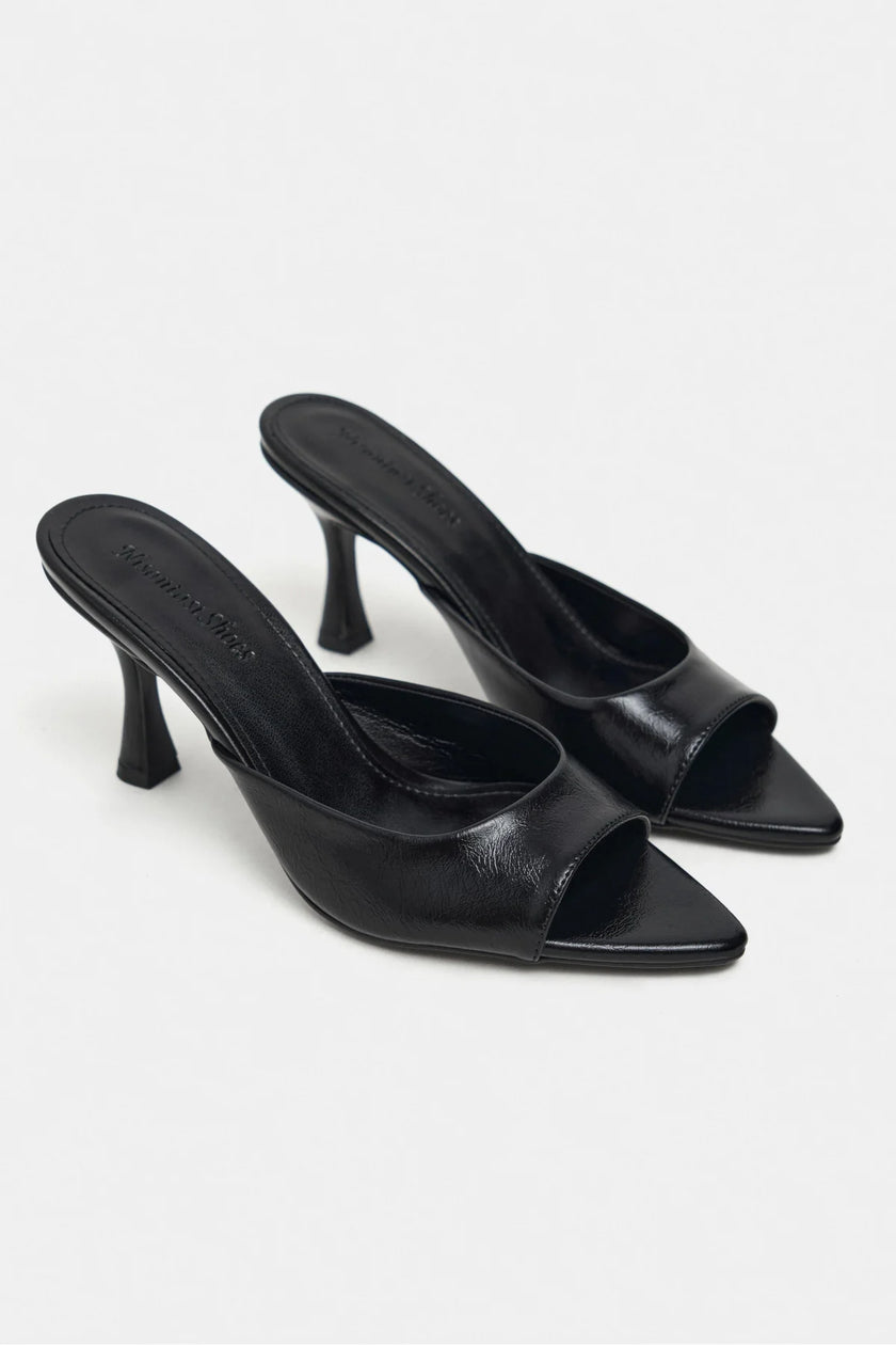 FENRIR BLACK RUSTIC PATTERN SQUARE-TOE HIGH HEEL WOMEN’S SLIPPERS