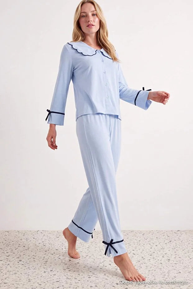 Blue Bow Detail Viscose Woven Pajama Set