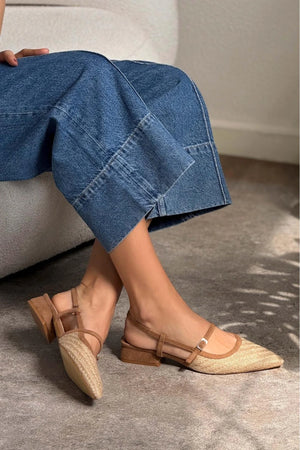 X-Harmony Wicker Tan Belt Detail Pointed Toe Short Heeled Women's Ballerinas