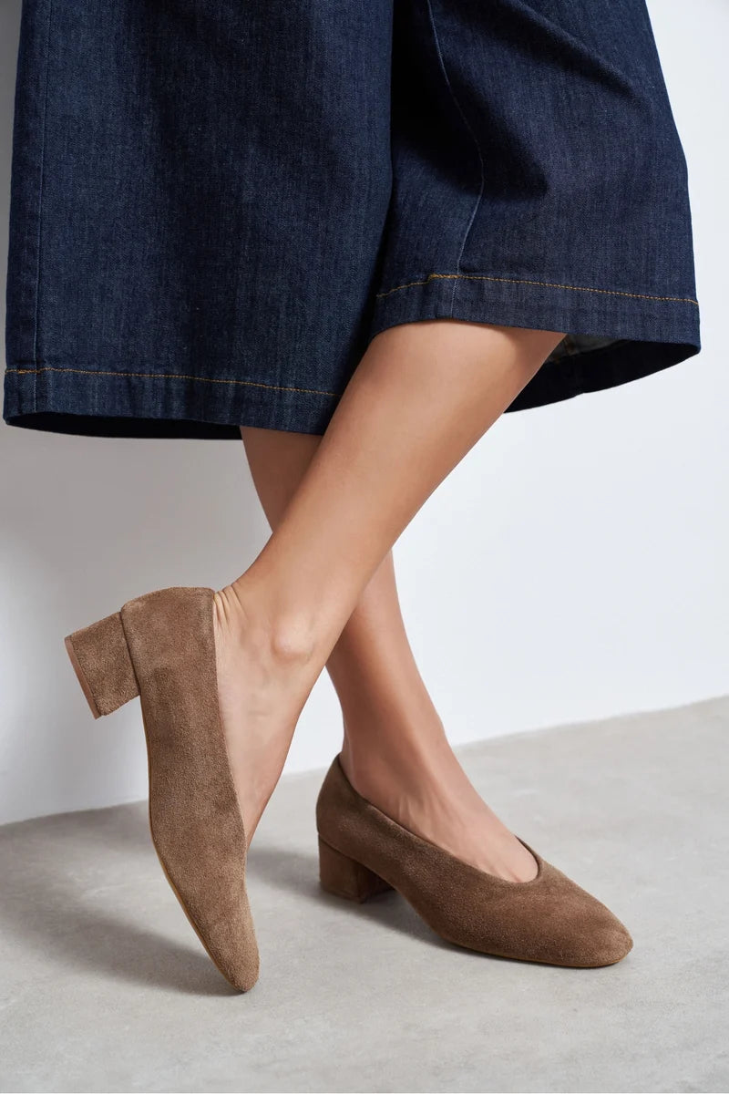 SAMIA Desert Dark Beige Genuine Suede Leather Block Heel Flats – 4 cm