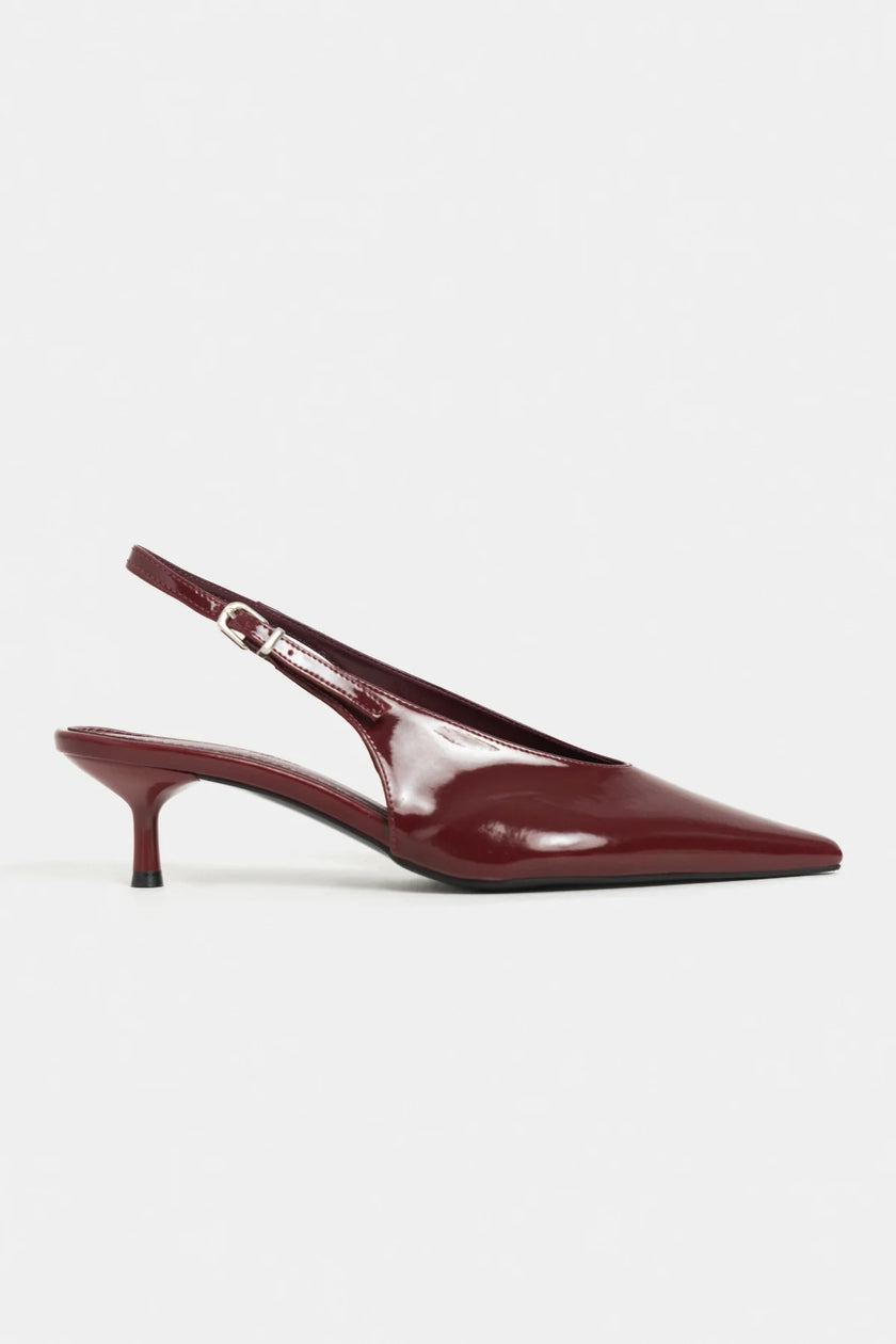 DOREY Burgundy Patent Leather Ankle Buckle Detail Women’s Heel Shoes