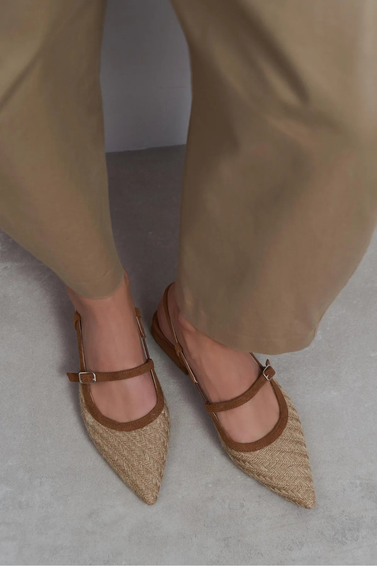 X-HARMONY Tan Straw Pointed Toe Buckle Detail Women’s Low Heel Ballet Shoes