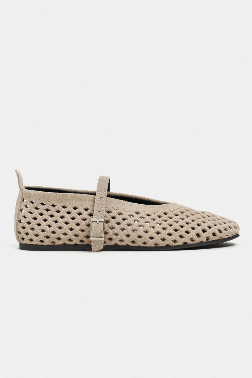 BELINDA Beige Suede Genuine Leather Studded Buckle Detail Women’s Ballerina Flats