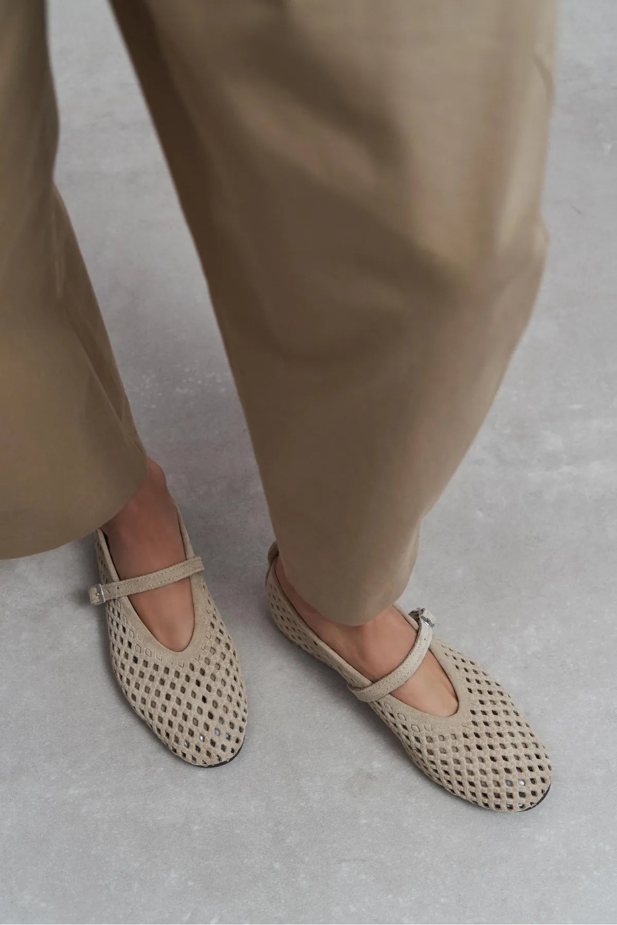 BELINDA Beige Suede Genuine Leather Studded Buckle Detail Women’s Ballerina Flats