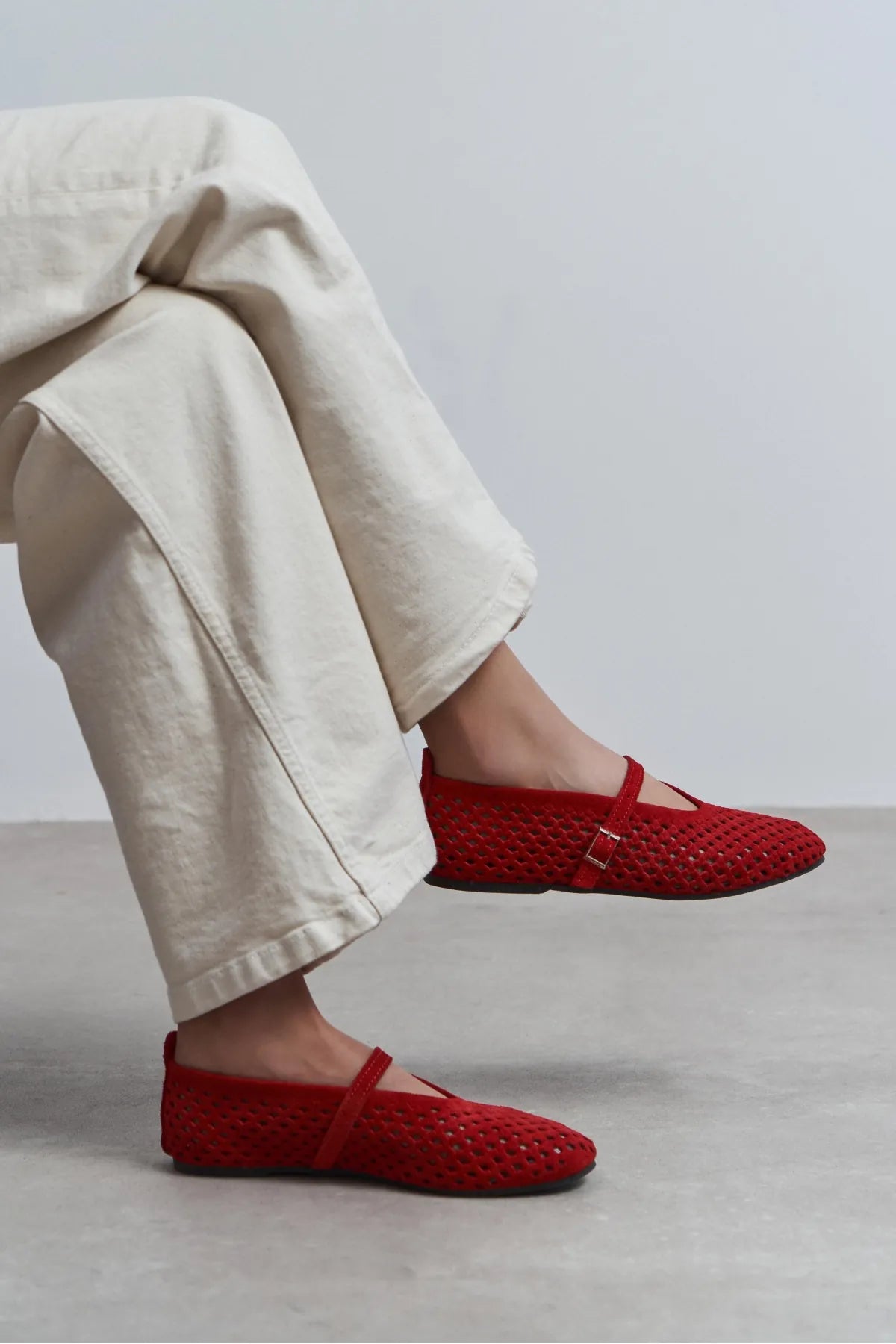 BELINDA Red Suede Genuine Leather Studded Buckle Detail Women’s Ballerina Flats