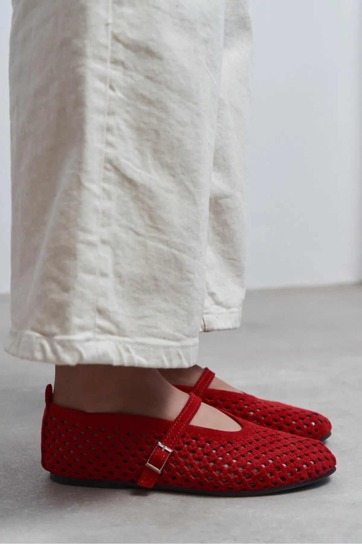 BELINDA Red Suede Genuine Leather Studded Buckle Detail Women’s Ballerina Flats