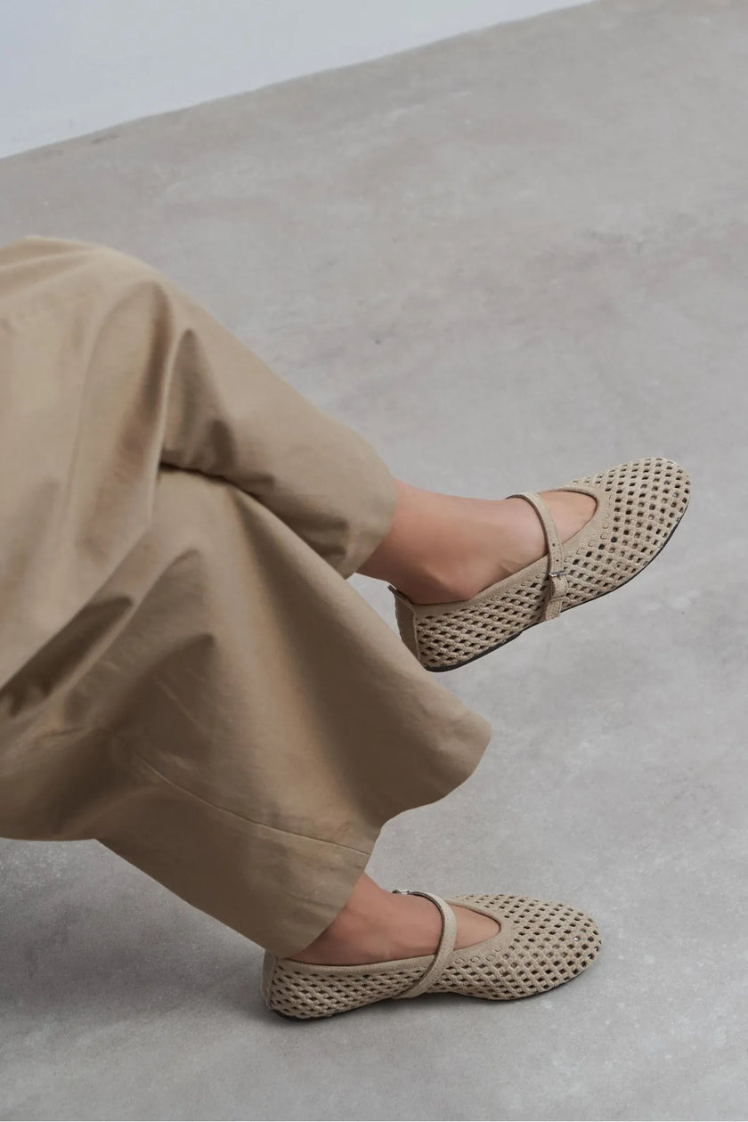 BELINDA Beige Suede Genuine Leather Studded Buckle Detail Women’s Ballerina Flats