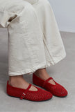BELINDA Red Suede Genuine Leather Studded Buckle Detail Women’s Ballerina Flats