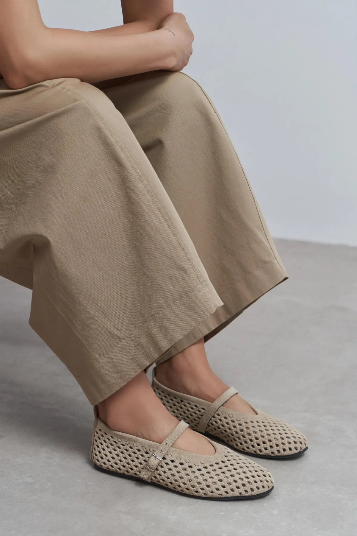 BELINDA Beige Suede Genuine Leather Studded Buckle Detail Women’s Ballerina Flats