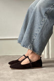 PALMER Dark Brown Genuine Suede Buckle Detail Women’s Flat Ballet Shoes