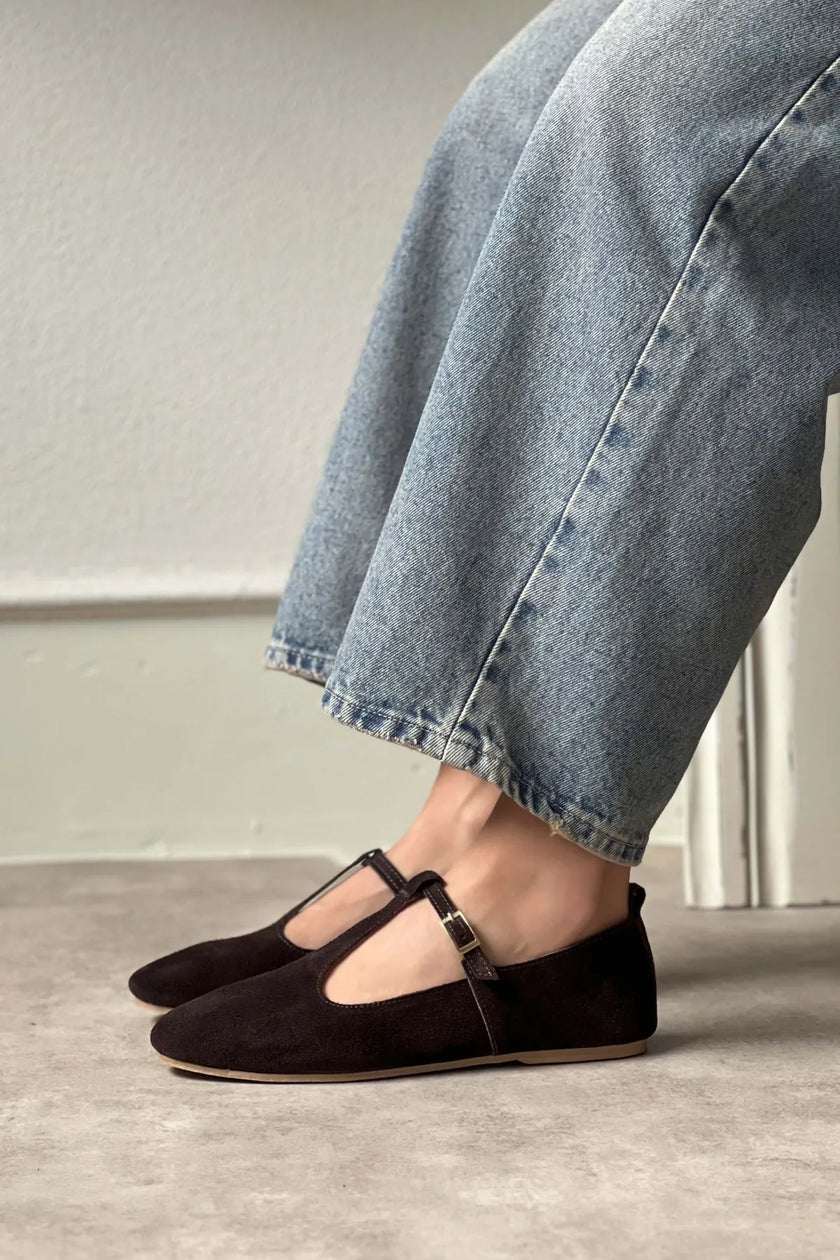 PALMER Dark Brown Genuine Suede Buckle Detail Women’s Flat Ballet Shoes