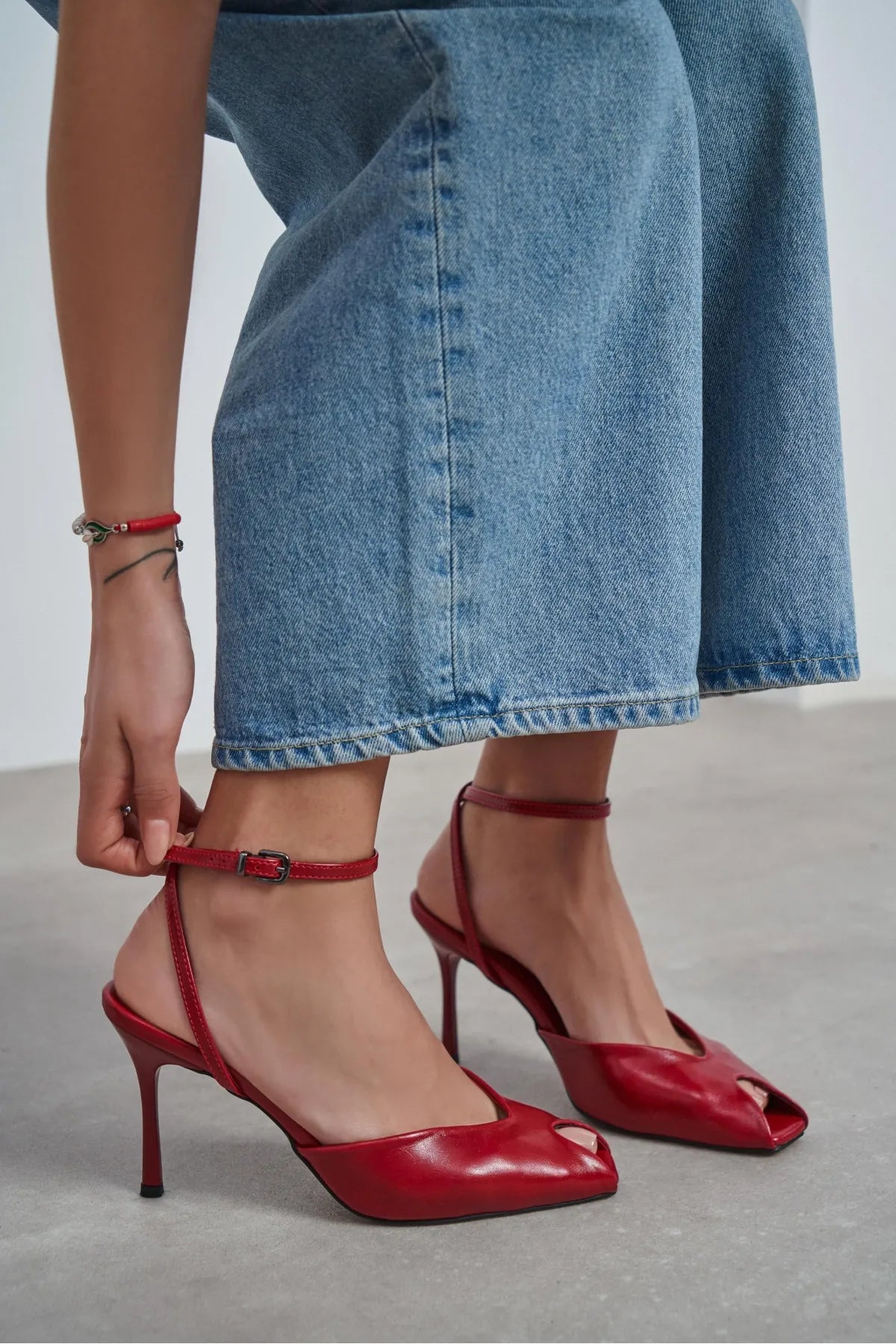 VELA Red Rustic Open Toe Ankle Strap Women’s Heel Shoes