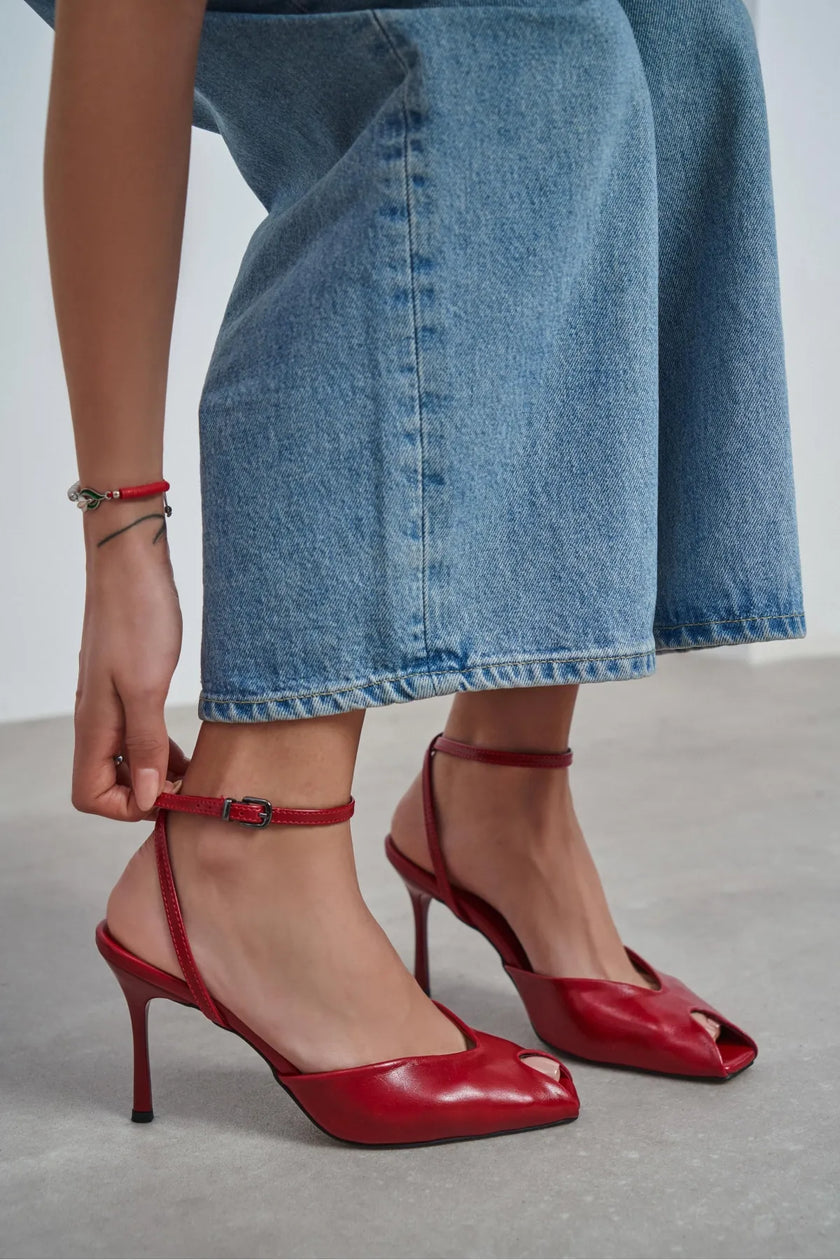 VELA Red Rustic Open Toe Ankle Strap Women’s Heel Shoes