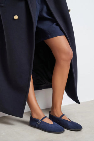 Nora Navy Blue Suede Genuine Leather Buckle Detail Flat Women's Ballet Flats