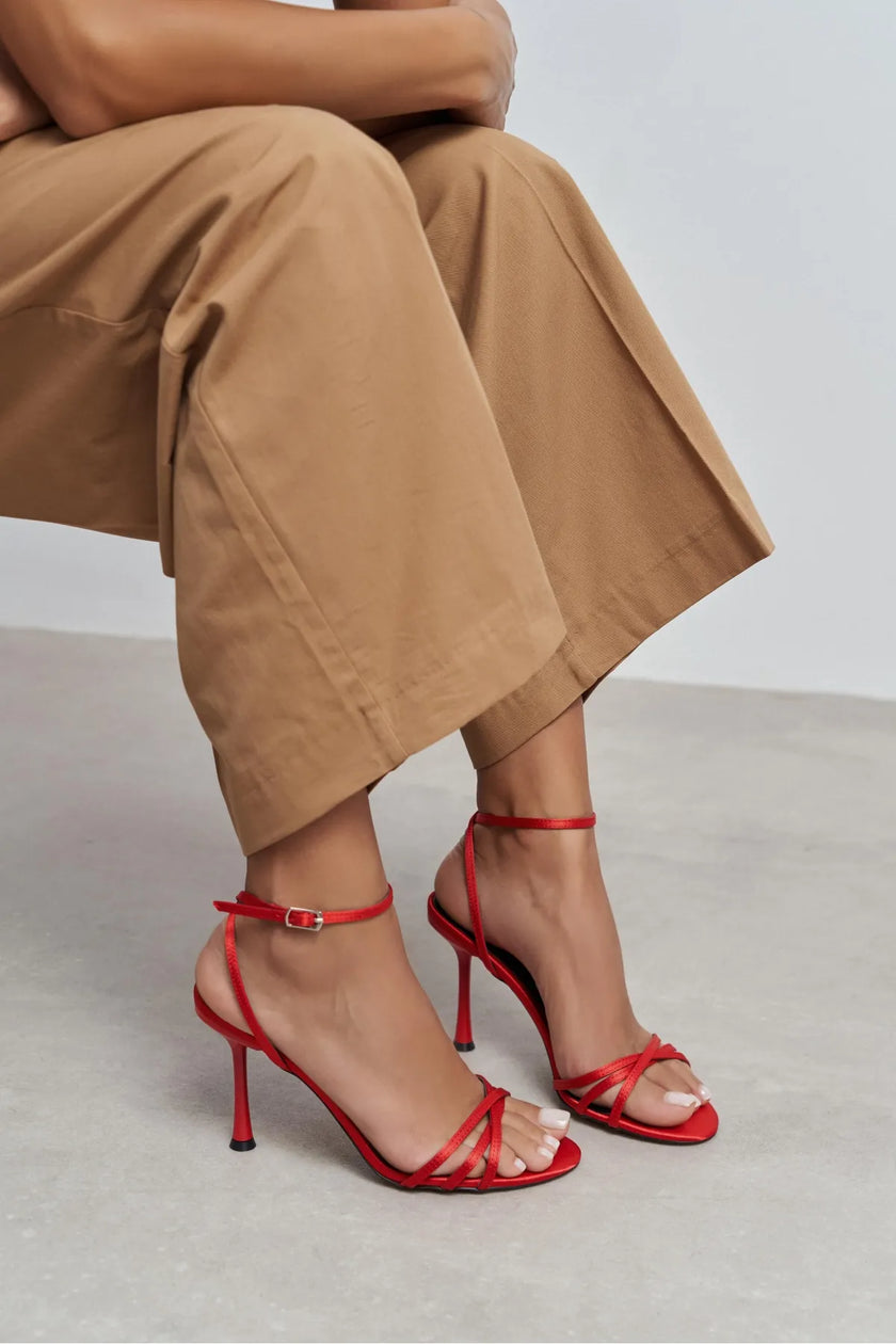 AVA RED SATIN CROSS-STRAP ANKLE TIE WOMEN’S HIGH HEELS