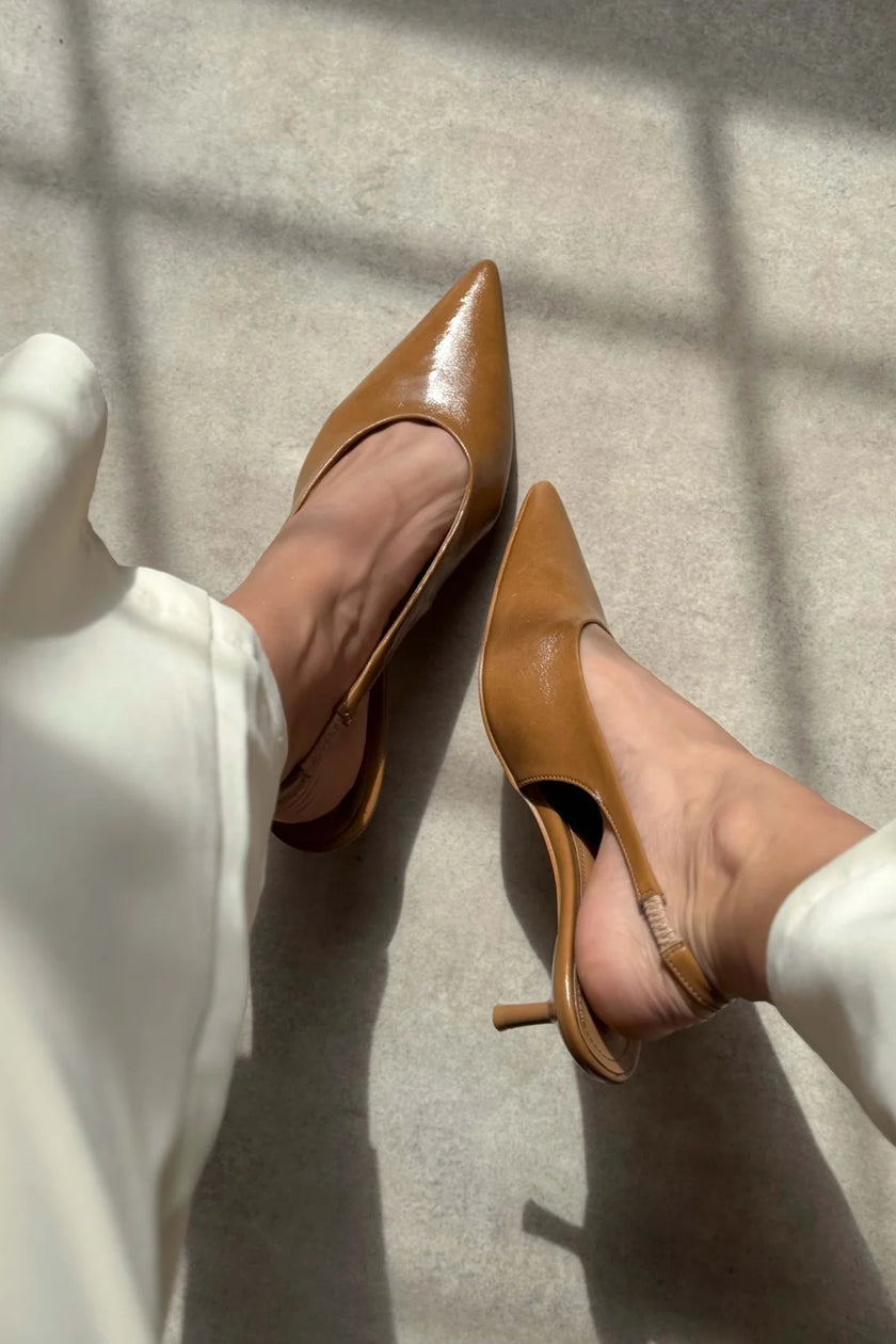 MELVIN Caramel Patterned Matte Women’s Heeled Shoes with Elastic Ankle Detail