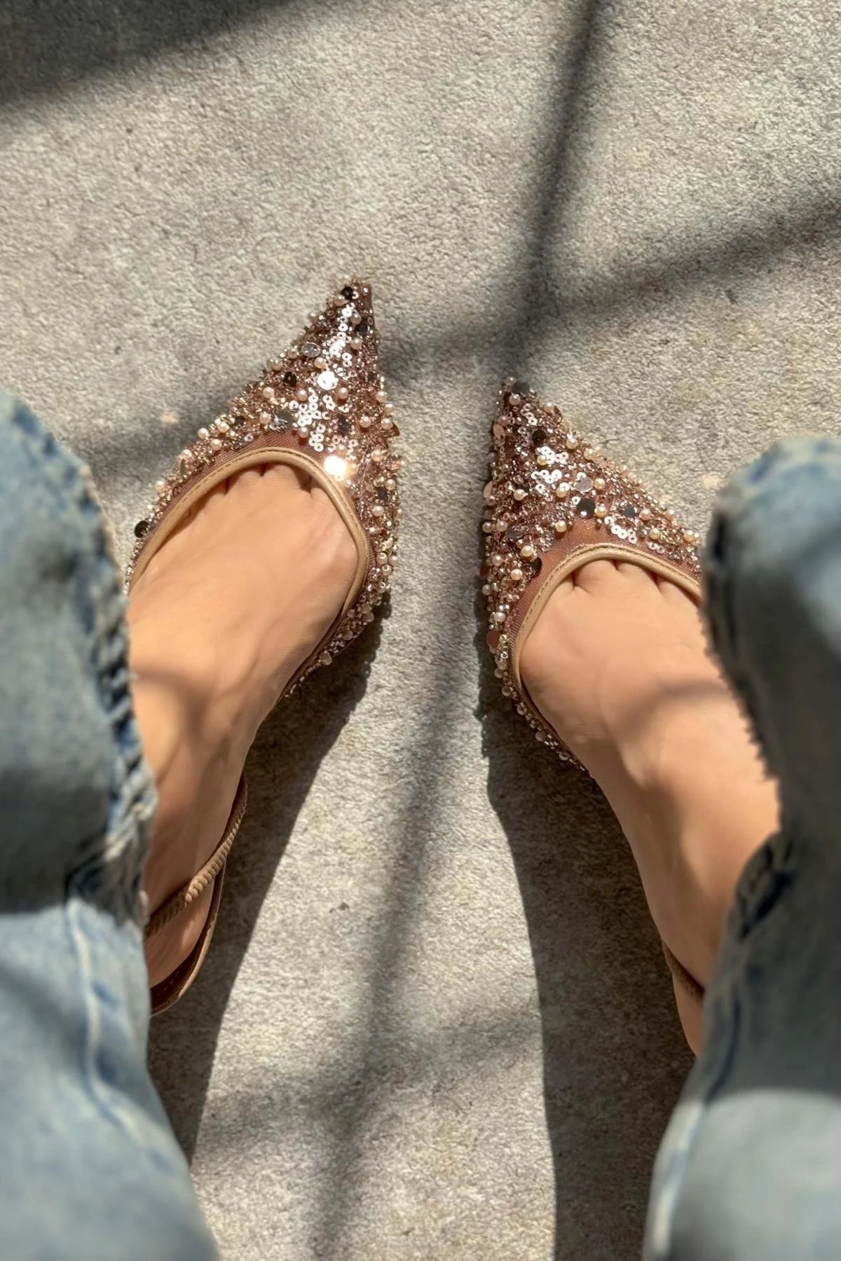 Sara Nude Pointed Toe Women's High Heel Shoes with Net Bead Detail