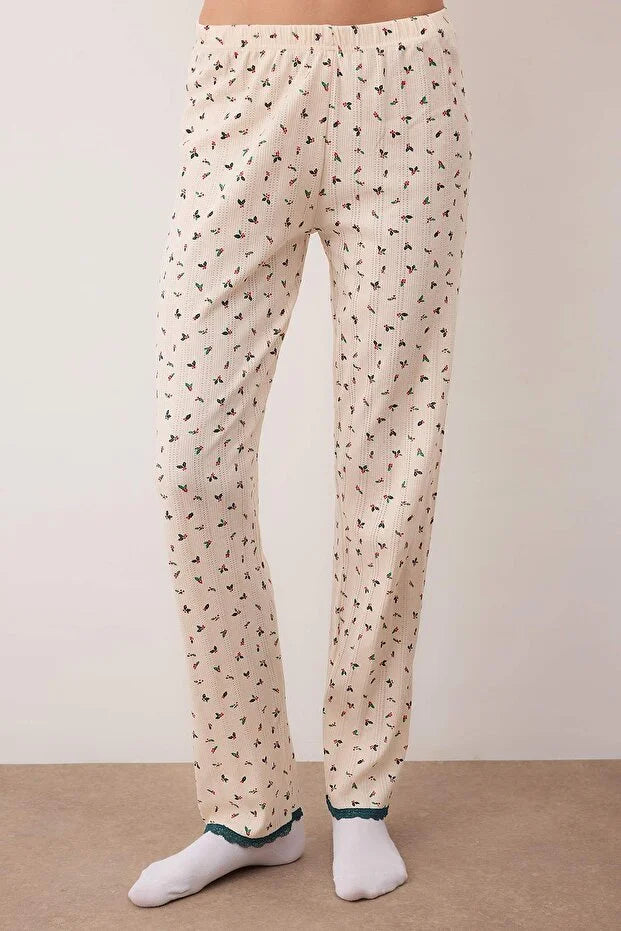 Floral Lace Detailed Corduroy/Pointel Knit Pajama Set