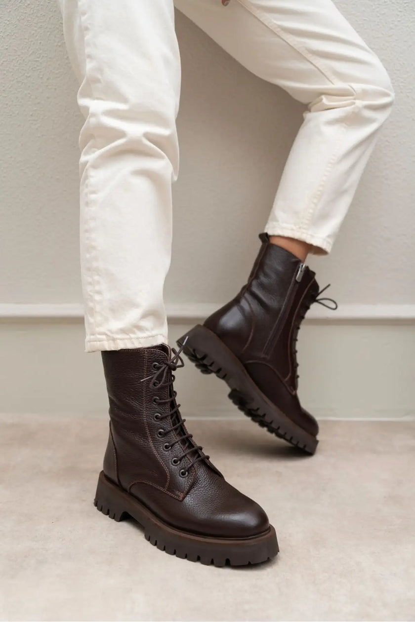 TEMPEST BROWN GENUINE LEATHER LACE-UP WOMEN'S COMBAT BOOTS