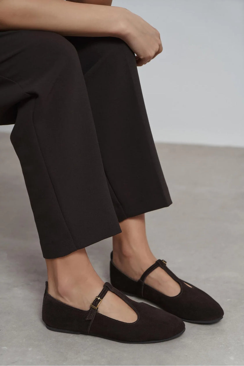 PALMER Dark Brown Genuine Suede Buckle Detail Women’s Flat Ballet Shoes